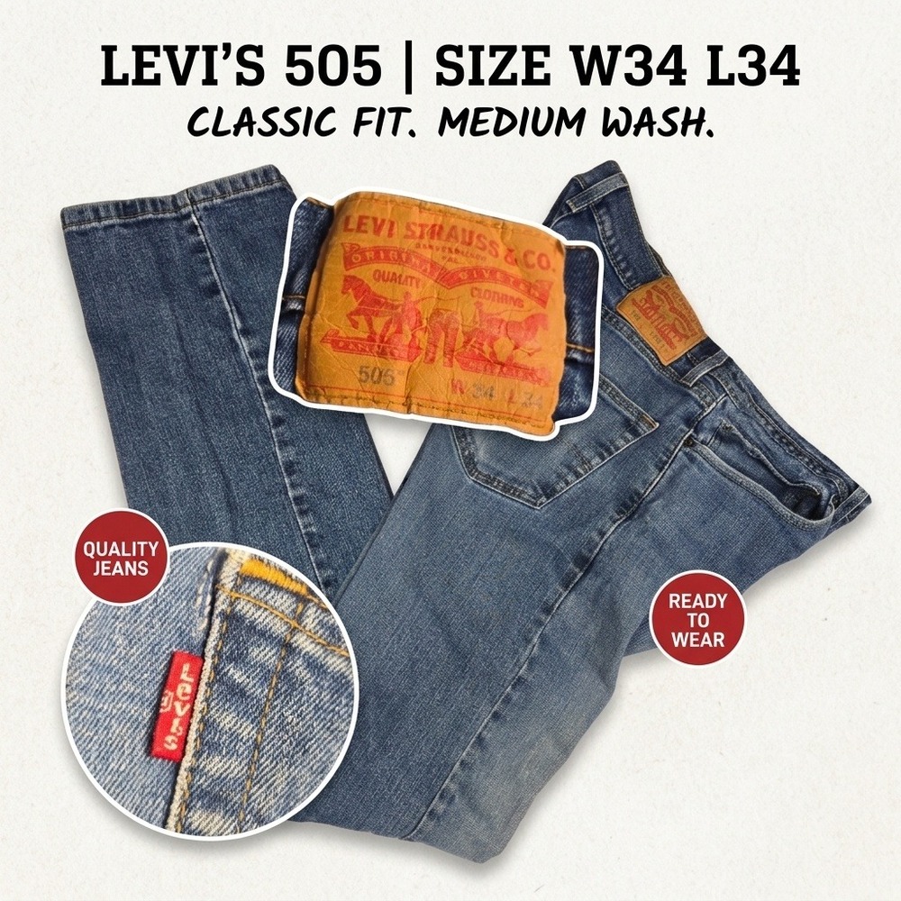 Levis 505 Regular Fit Jeans Mens 34x34 Medium Wash Blue Straight Leg Denim